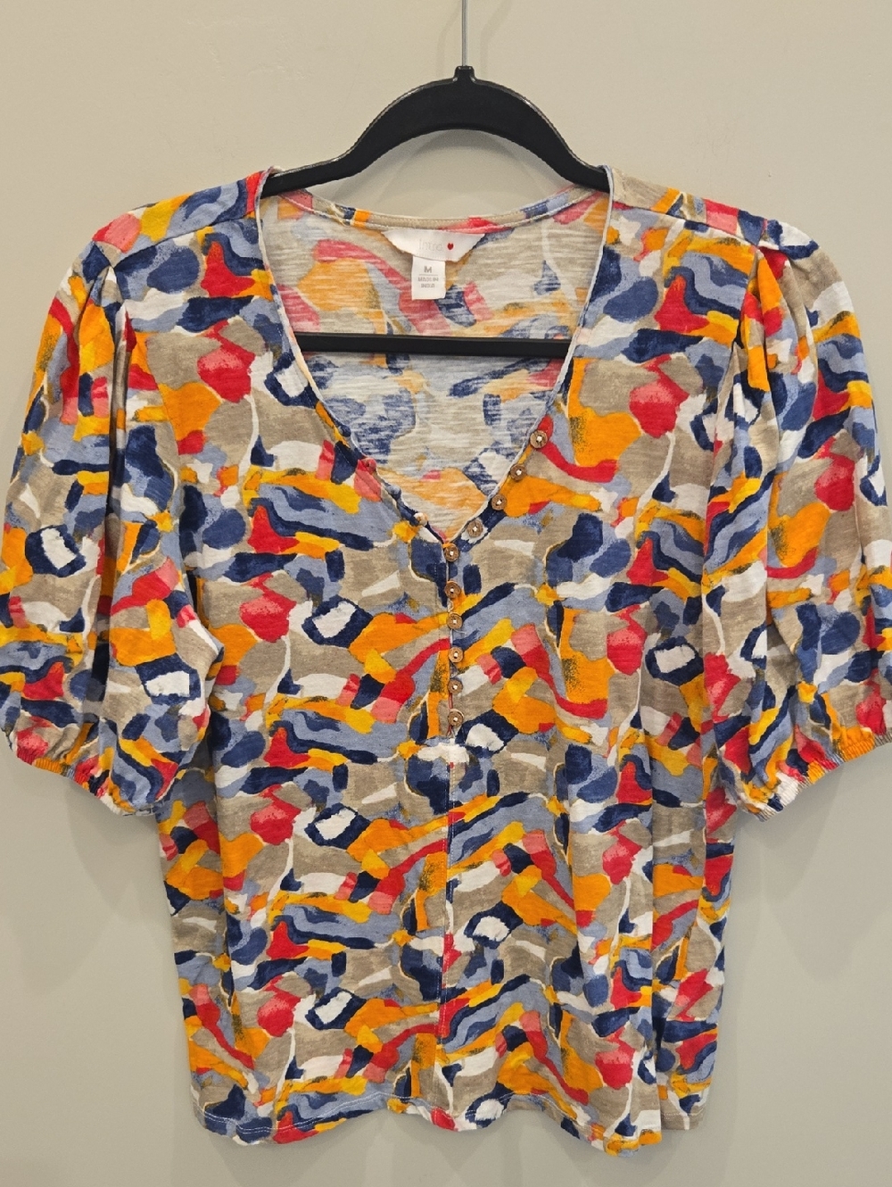 Women's Multicolor Abstract V-Neck Button-Front Top Cotton Like New Size Medium